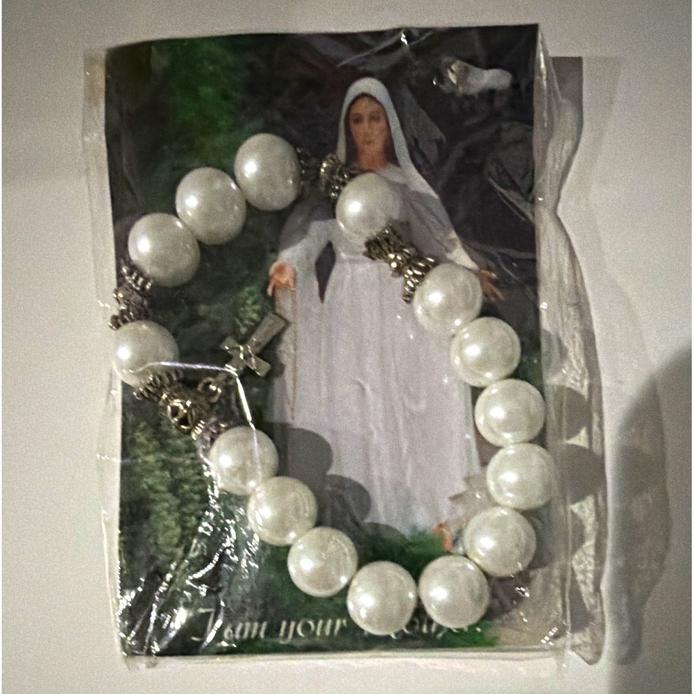 Pearl Bead Christian Rosary Bracelet w/ Crucifix Cross Charm Prayer Card